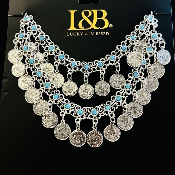 Lucky & Blessed Bohemian Floral Blue Silver Coin Layered Dangle Bib Necklace L&B - Picture 1 of 16
